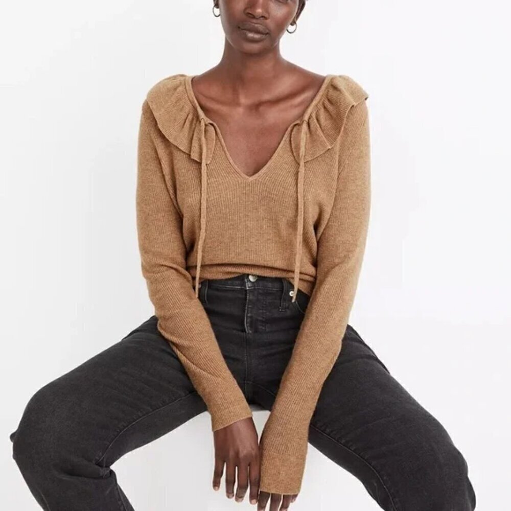 Madewell Merino Wool Alpaca Blend Light Brown Tan Ruffle Sweater